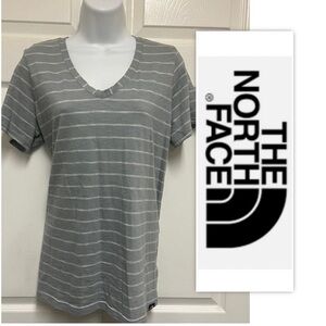 The North Face Gray And White Striped V Neck T Shirt